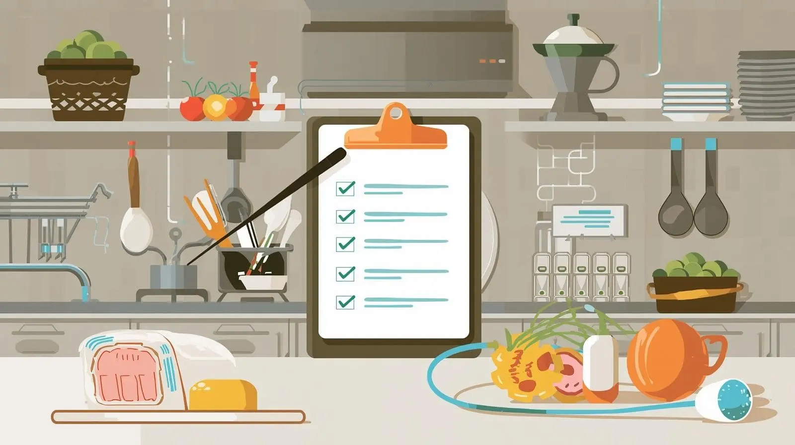 Restaurant manager checking food temperature with digital thermometer for HACCP compliance
